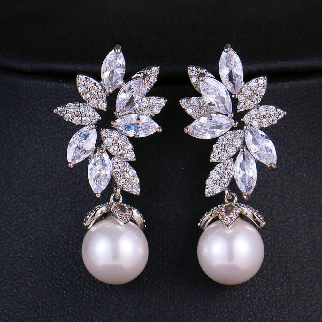 Floral Crystal Pearl Drop Earrings Bridal Leaf Design Silver Rose Gold Elegant Wedding Earrings UK