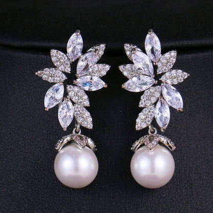 Floral Crystal Pearl Drop Earrings Bridal Leaf Design Silver Rose Gold Elegant Wedding Earrings UK