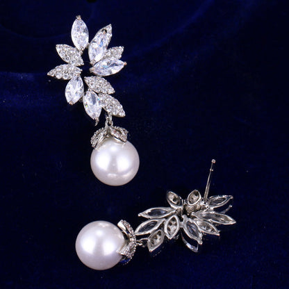 Floral Crystal Pearl Drop Earrings Bridal Leaf Design Silver Rose Gold Elegant Wedding Earrings UK