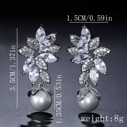 Floral Crystal Pearl Drop Earrings Bridal Leaf Design Silver Rose Gold Elegant Wedding Earrings UK
