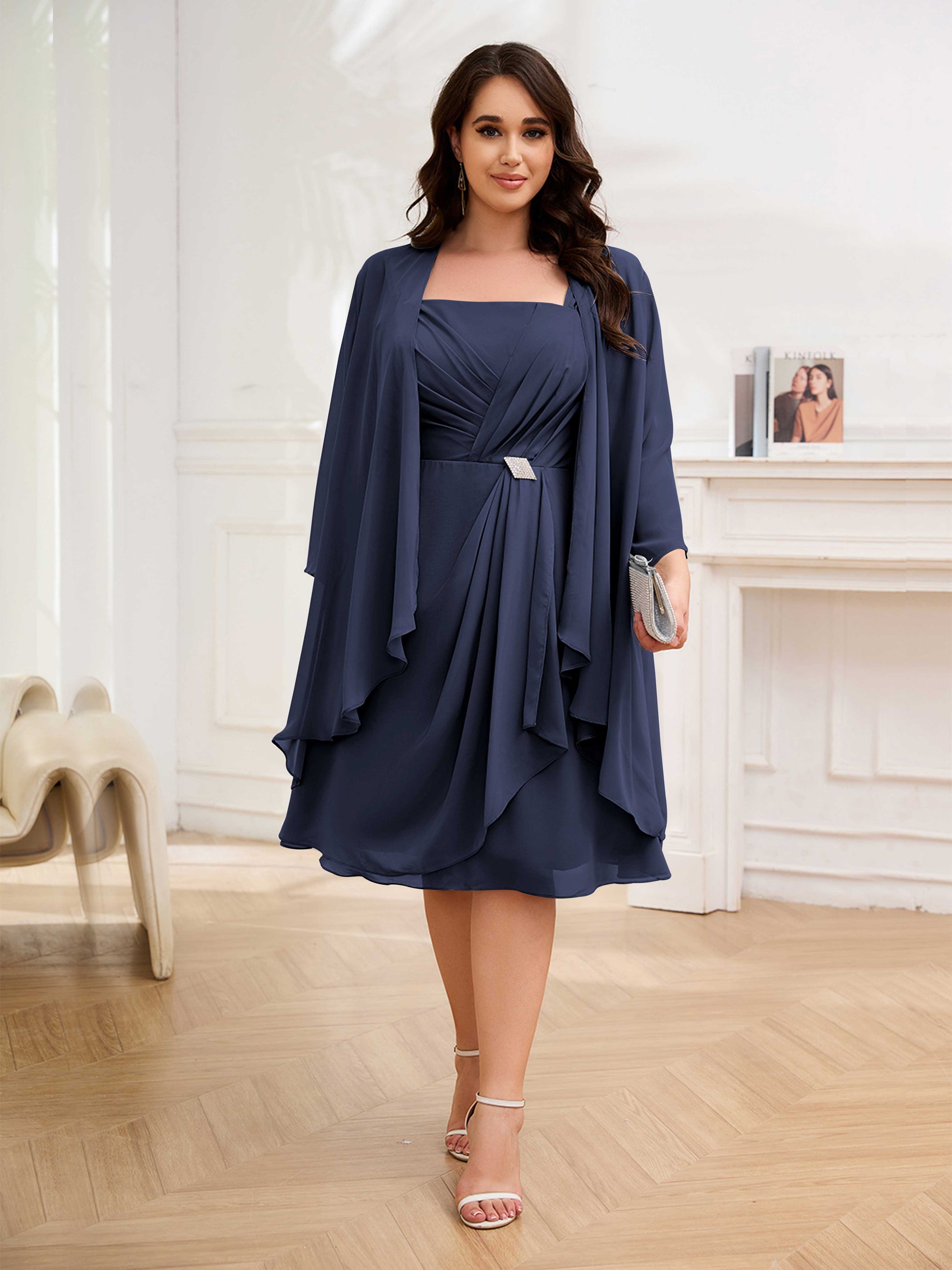 Flowing Ruffles Two Pieces Knee Length Chiffon Plus Size Mother Of The –