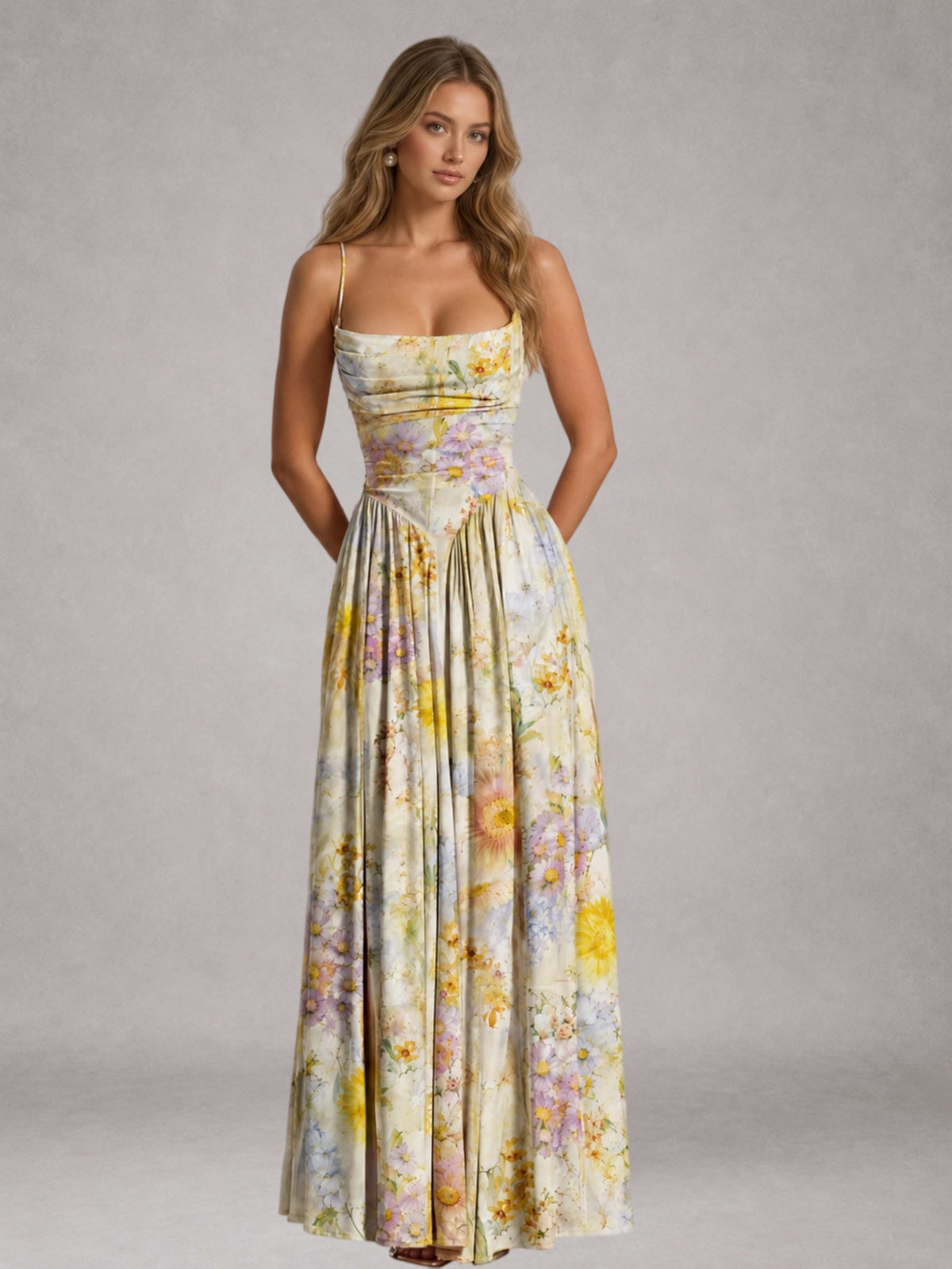 Free Shipping Garden Floral Spaghetti Strap Cowl Neck A-Line Long Bridesmaid Dress with Lace-Up Back UK