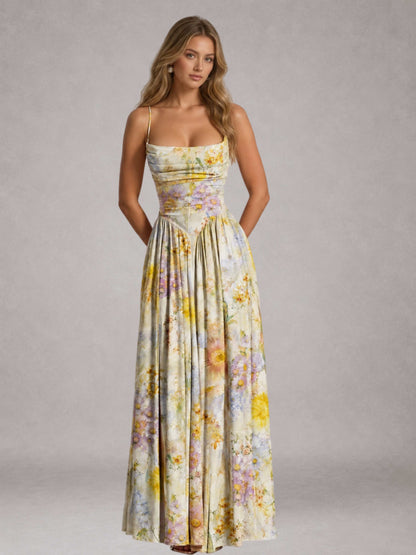 Free Shipping Garden Floral Spaghetti Strap Cowl Neck A-Line Long Bridesmaid Dress with Lace-Up Back UK