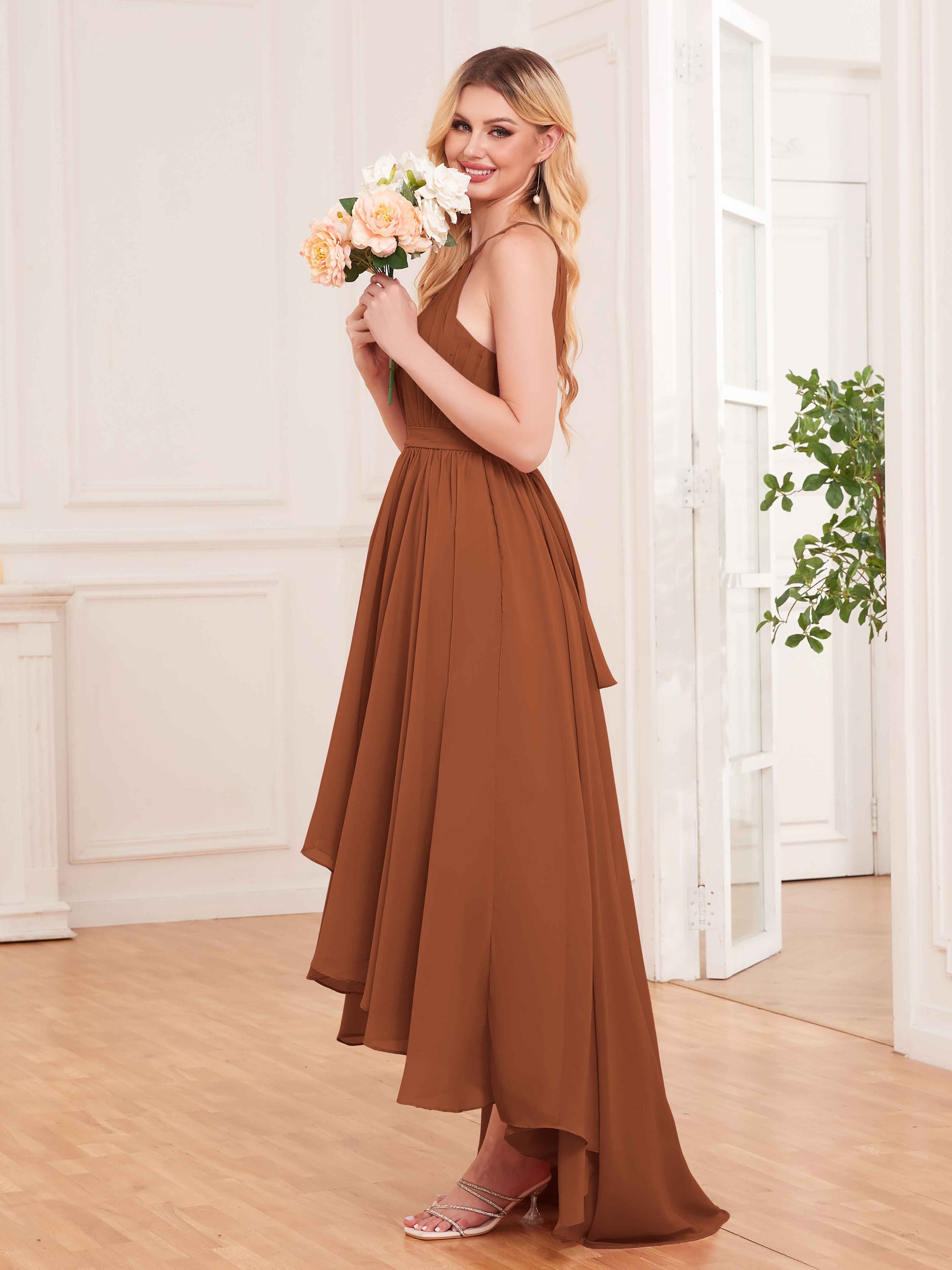 Glamorous Halter Bow Back High Low Chiffon Bridesmaid Dresses UK mollyevers.co.uk Glamorous Halter Bow Back High Low Chiffon Bridesmaid Dresses UK mollyevers.co.uk
