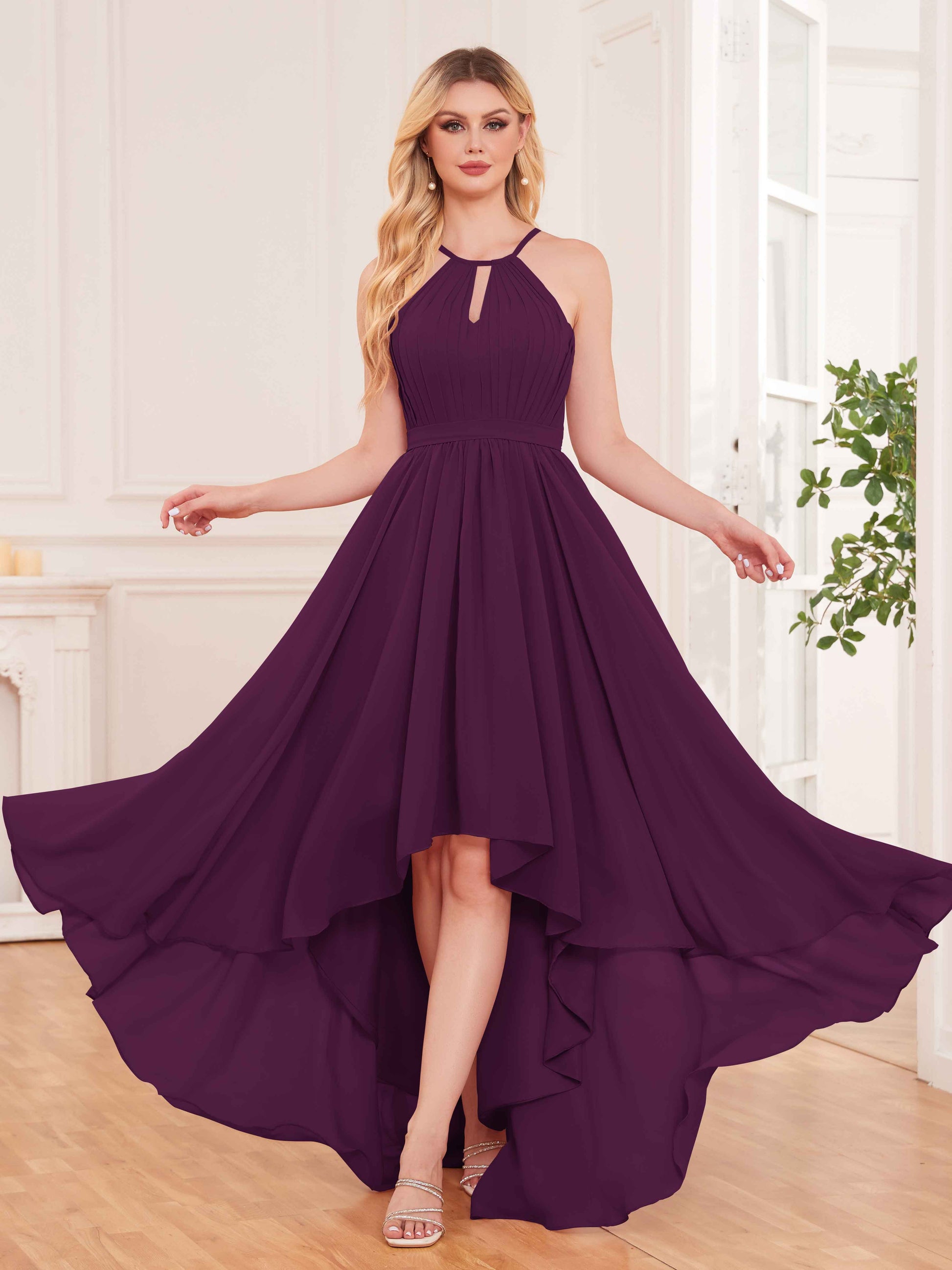 Glamorous Halter Bow Back High Low Chiffon Bridesmaid Dresses UK mollyevers.co.uk Glamorous Halter Bow Back High Low Chiffon Bridesmaid Dresses UK mollyevers.co.uk
