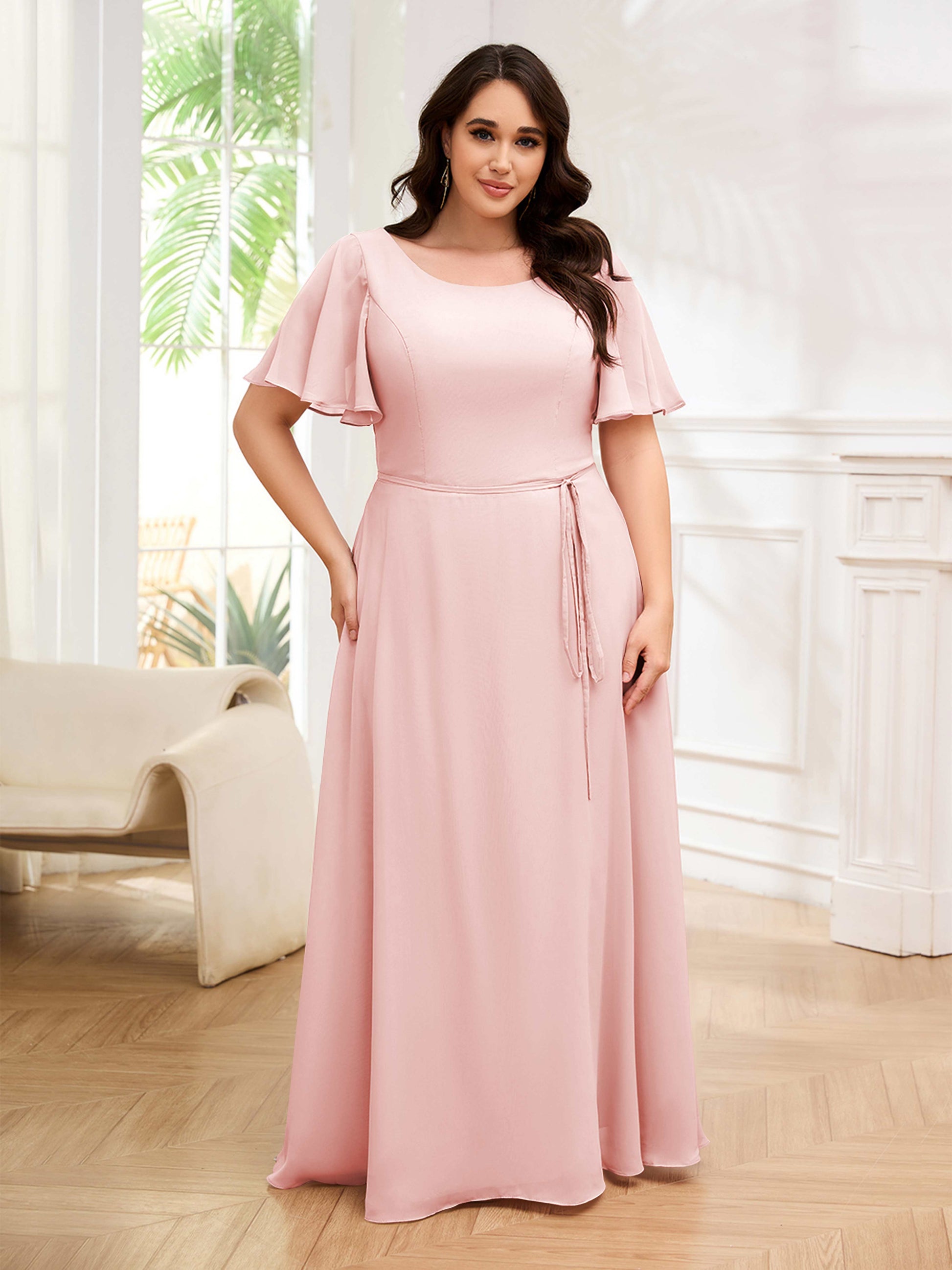 Glamorous Round Neck Zipper Chiffon Plus Size Bridesmaid Dresses UK –