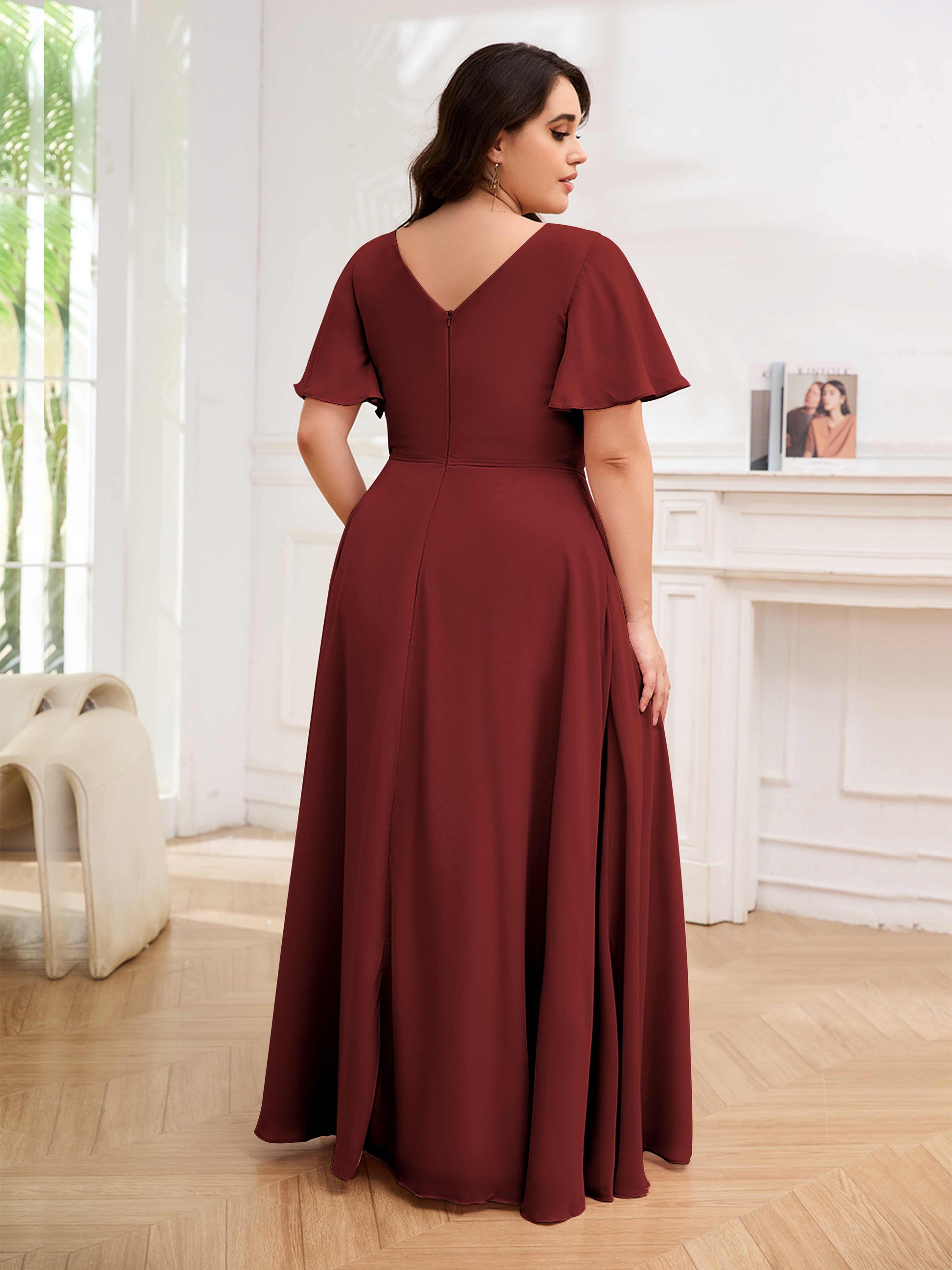 Glamorous Round Neck Zipper Chiffon Plus Size Bridesmaid Dresses UK –