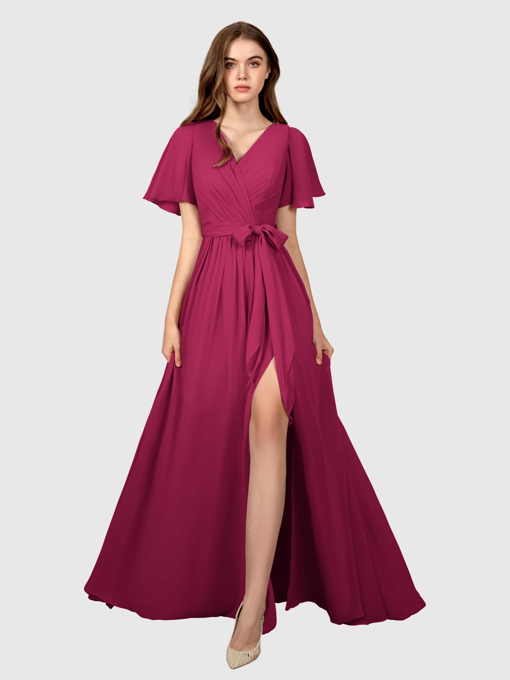Glamorous V Neck Lace Up Chiffon Bridesmaid Dresses UK –