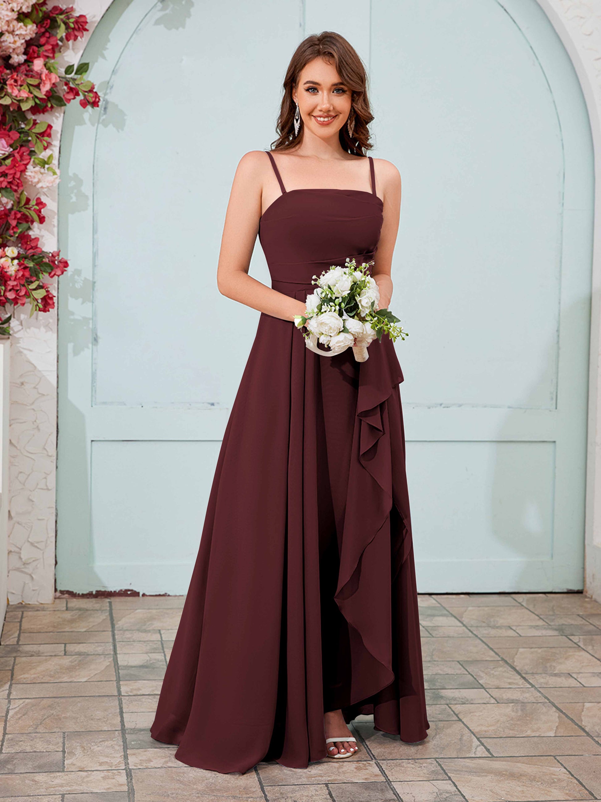 Graceful A-Line Slit Ruched Maxi Chiffon Bridesmaid Dresses UK –
