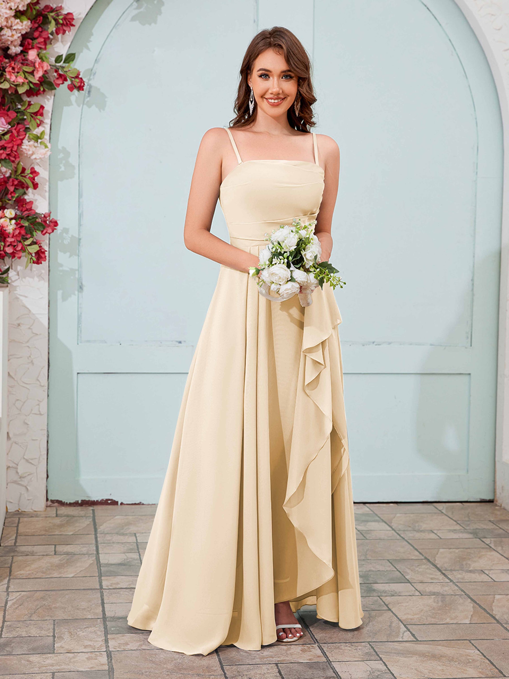 Graceful A-Line Slit Ruched Maxi Chiffon Bridesmaid Dresses UK –