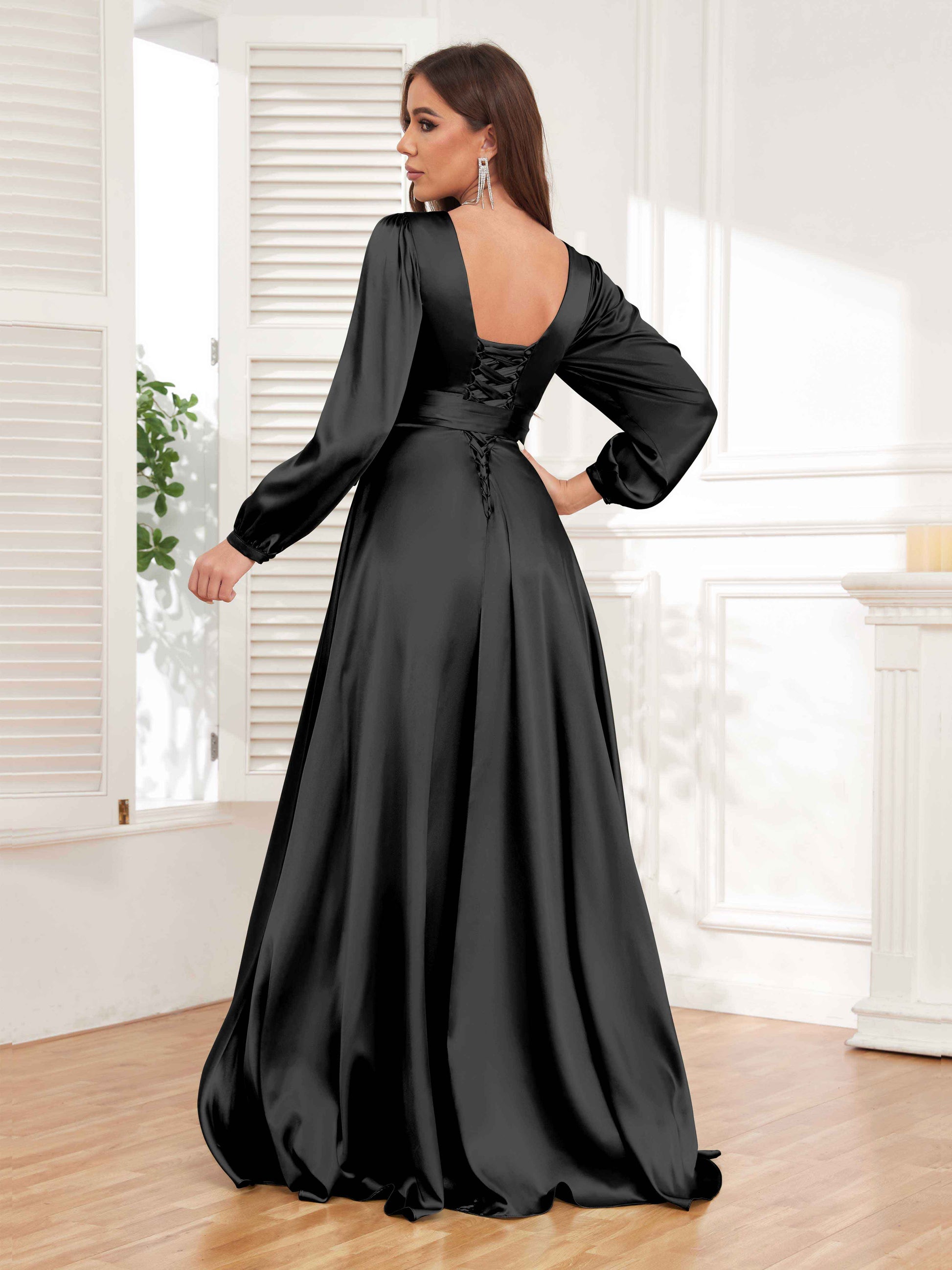 Graceful Long Sleeves Slit Satin Formal Dresses UK With Belt mollyevers.co.uk Graceful Long Sleeves Slit Satin Formal Dresses UK With Belt mollyevers.co.uk