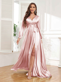 Graceful Long Sleeves Slit Satin Formal Dresses UK With Belt