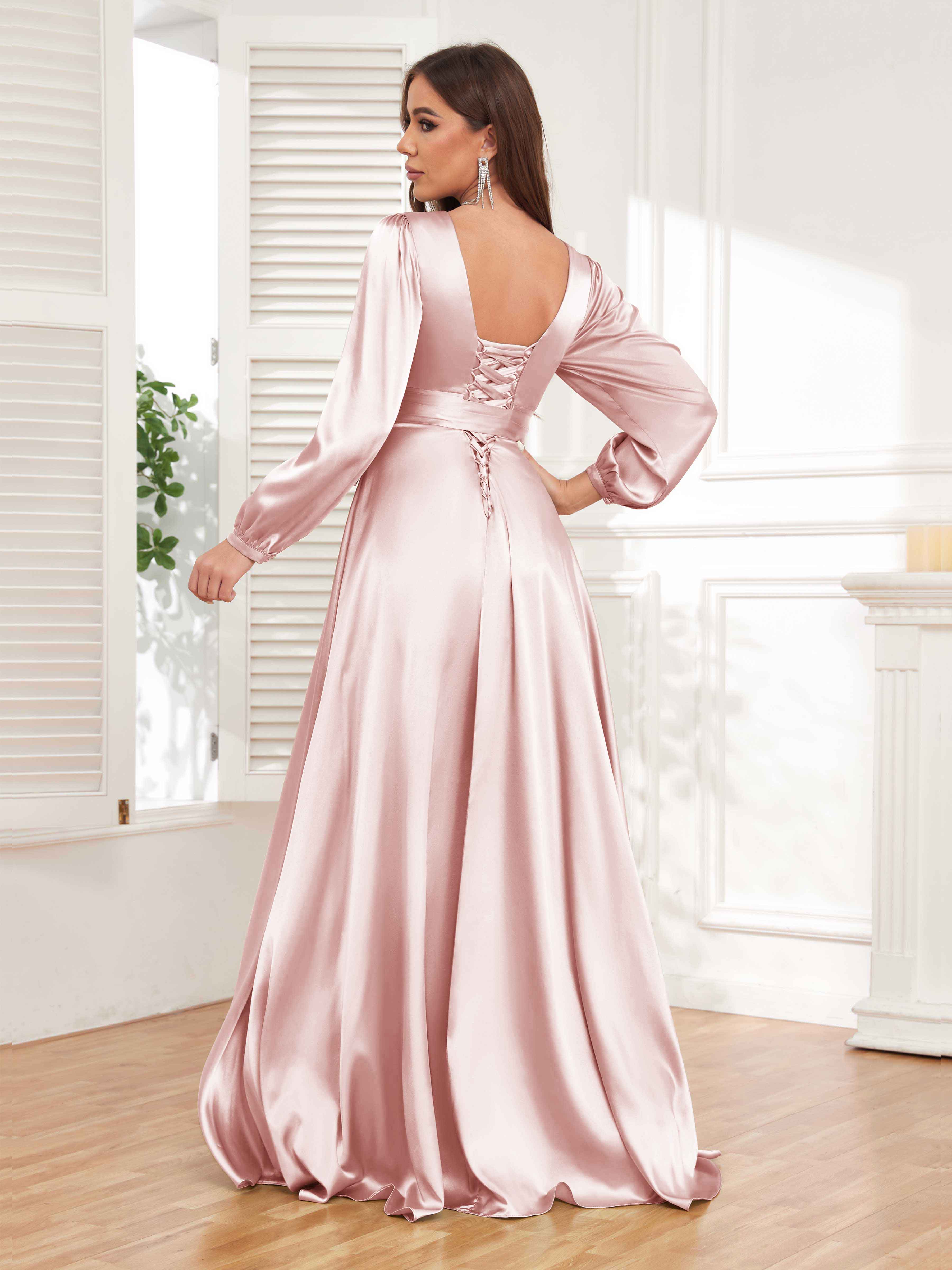 Graceful Long Sleeves Slit Satin Formal Dresses UK With Belt