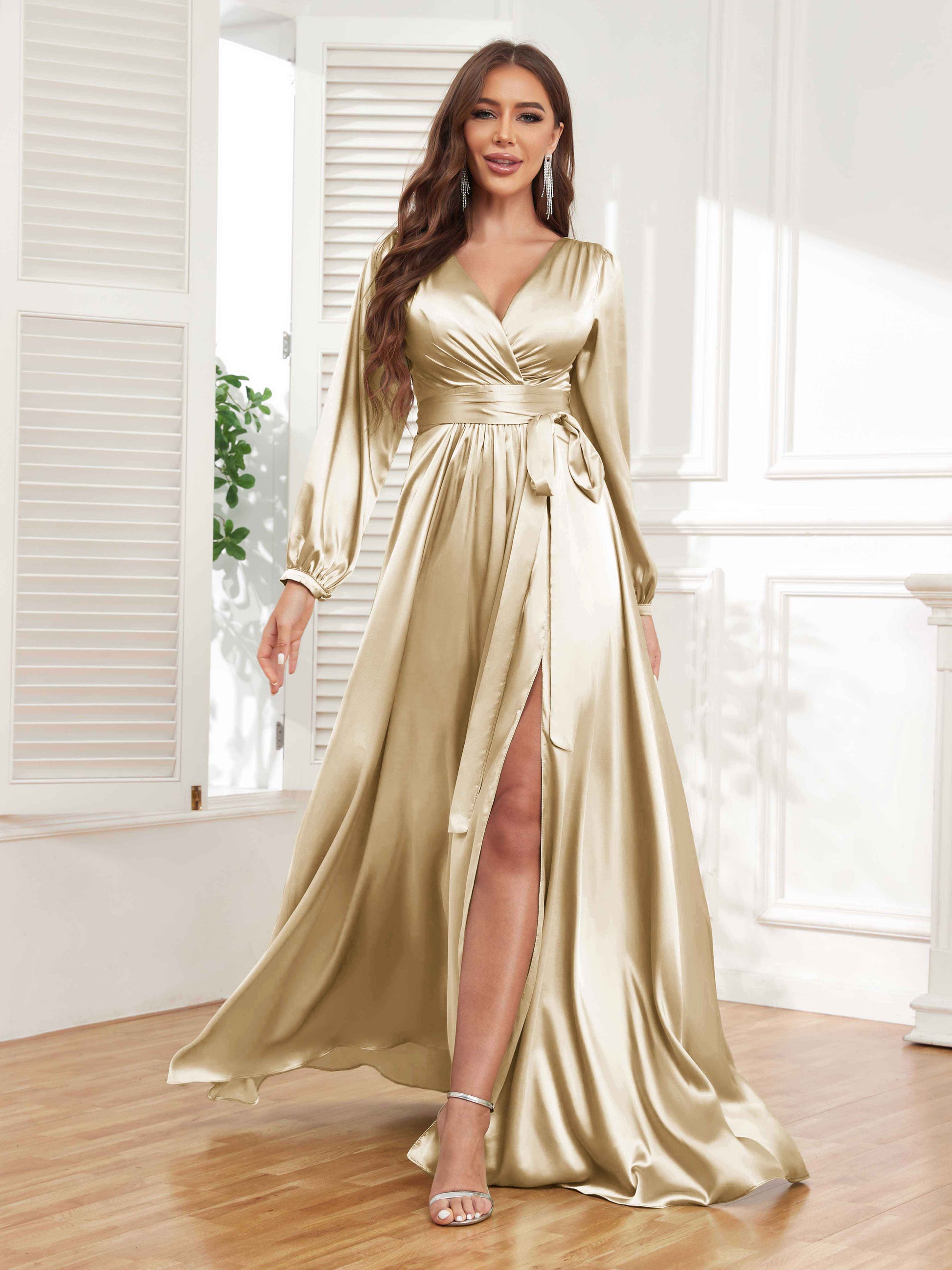 Graceful Long Sleeves Slit Satin Formal Dresses UK With Belt mollyevers.co.uk Graceful Long Sleeves Slit Satin Formal Dresses UK With Belt mollyevers.co.uk