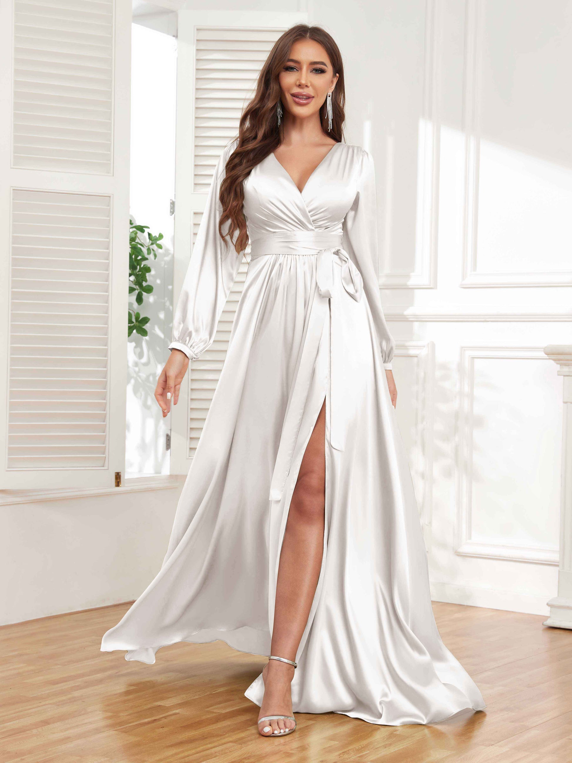 Graceful Long Sleeves Slit Satin Formal Dresses UK With Belt mollyevers.co.uk Graceful Long Sleeves Slit Satin Formal Dresses UK With Belt mollyevers.co.uk