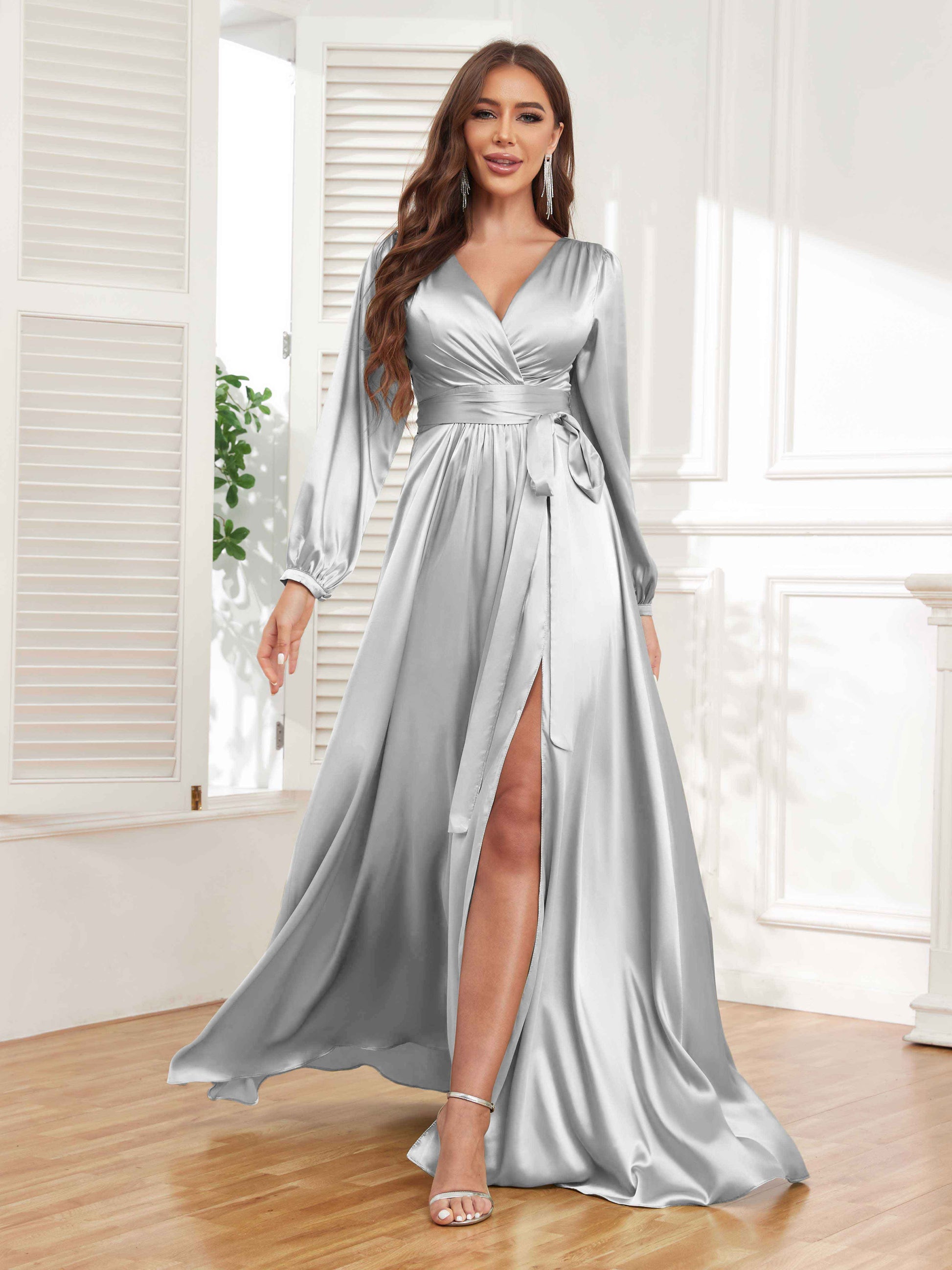 Graceful Long Sleeves Slit Satin Formal Dresses UK With Belt Graceful Long Sleeves Slit Satin Formal Dresses UK With Belt