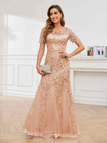 Graceful Short Sleeves Long Sequins Tulle Mother of the Bride Dresses UK