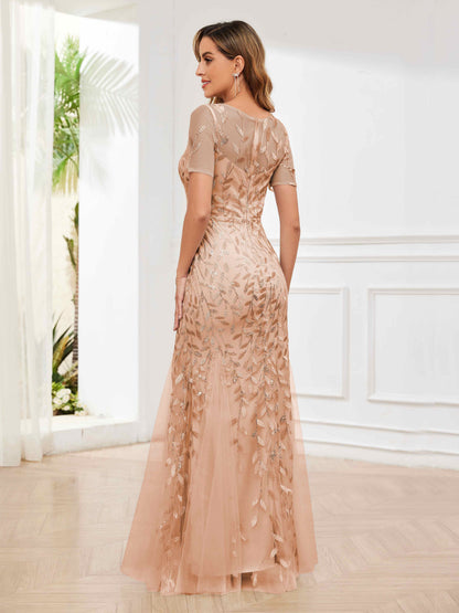 Graceful Short Sleeves Long Sequins Tulle Mother of the Bride Dresses UK