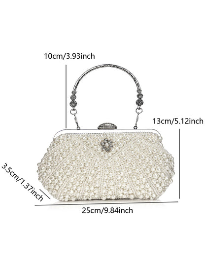 Handmade Pearl Evening Clutch Bag with Top Handle & Detachable Chain UK