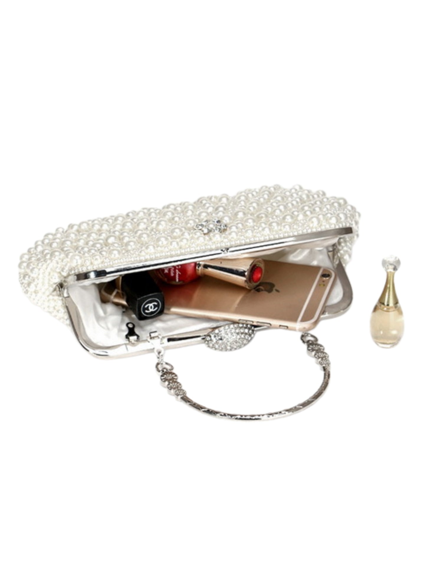 Handmade Pearl Evening Clutch Bag with Top Handle & Detachable Chain UK