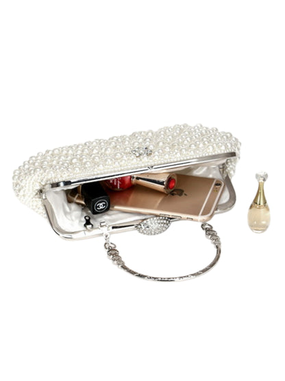 Handmade Pearl Evening Clutch Bag with Top Handle & Detachable Chain UK