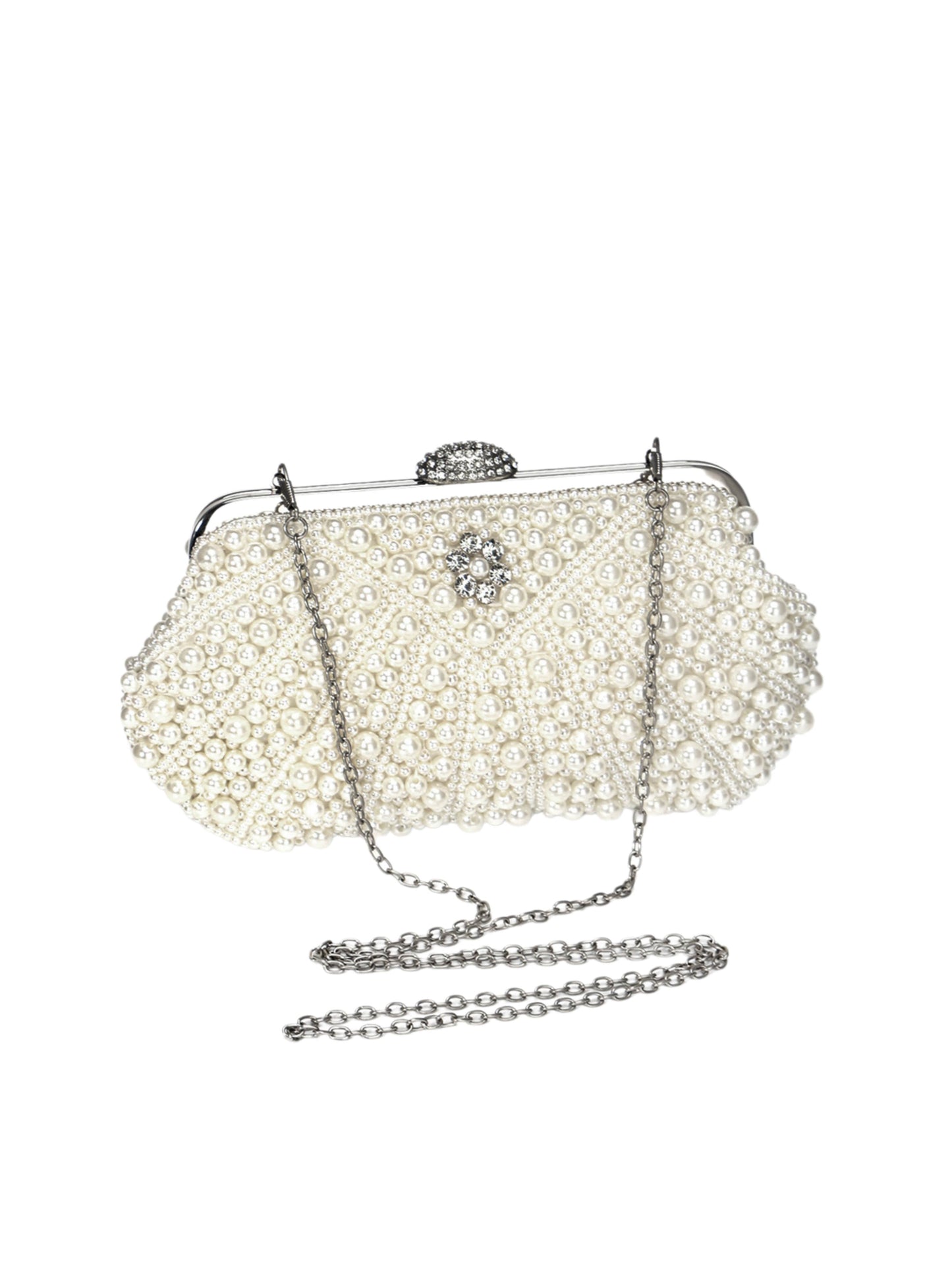 Handmade Pearl Evening Clutch Bag with Top Handle & Detachable Chain UK