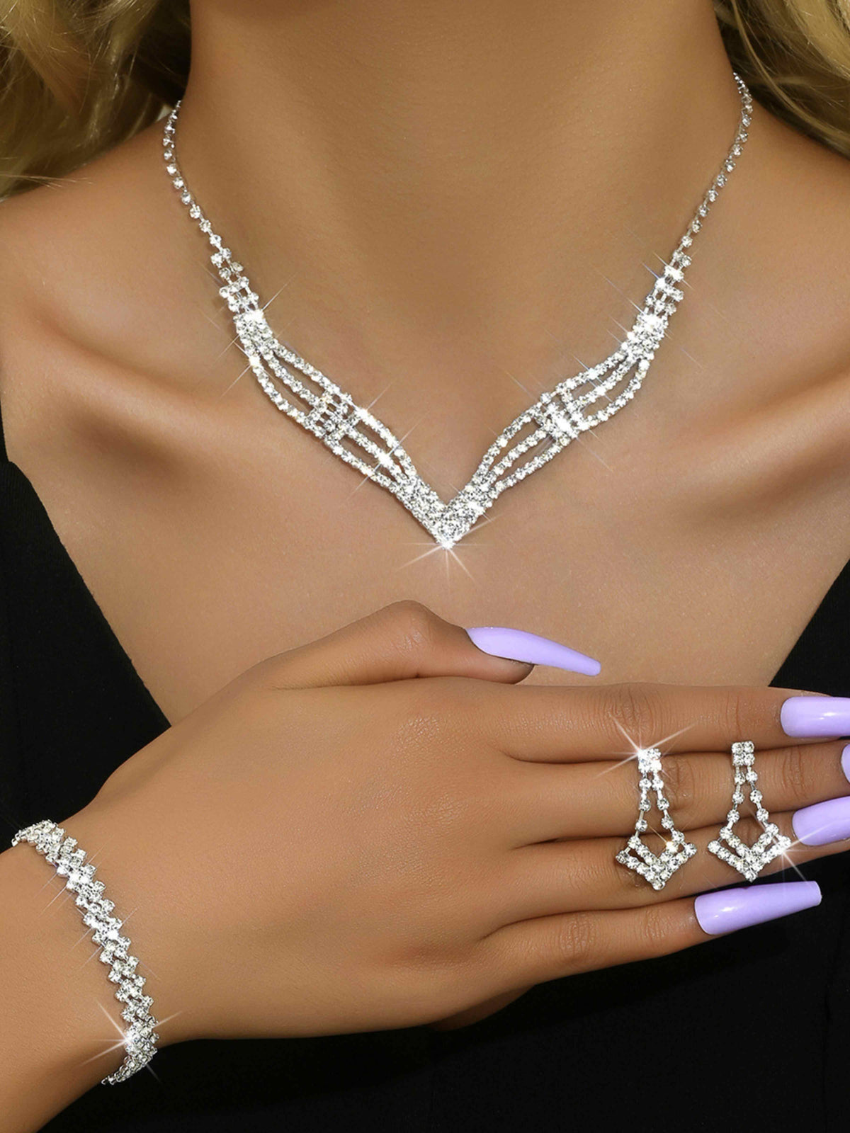3 Set Luxury Crystal Jewelry Set Necklace Earrings Bracelet Sparkling Accessories Set UK