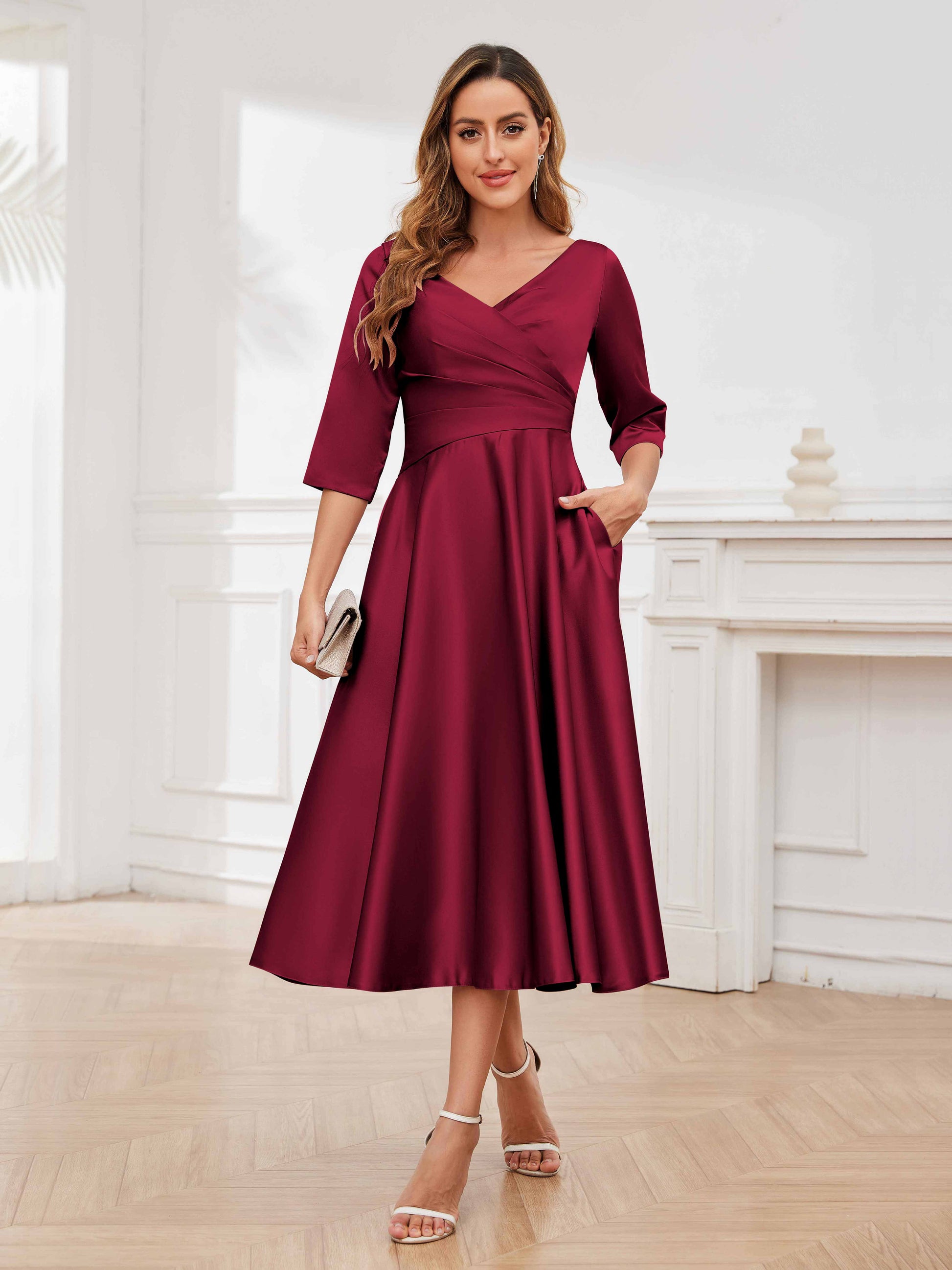 Modern A-Line Pockets Tea Length Satin Mother of the Bride Dresses UK mollyevers.co.uk Modern A-Line Pockets Tea Length Satin Mother of the Bride Dresses UK mollyevers.co.uk