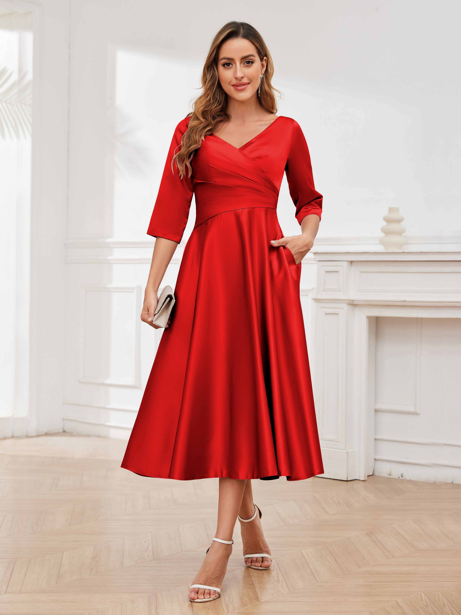 Modern A-Line Pockets Tea Length Satin Mother of the Bride Dresses UK mollyevers.co.uk Modern A-Line Pockets Tea Length Satin Mother of the Bride Dresses UK mollyevers.co.uk