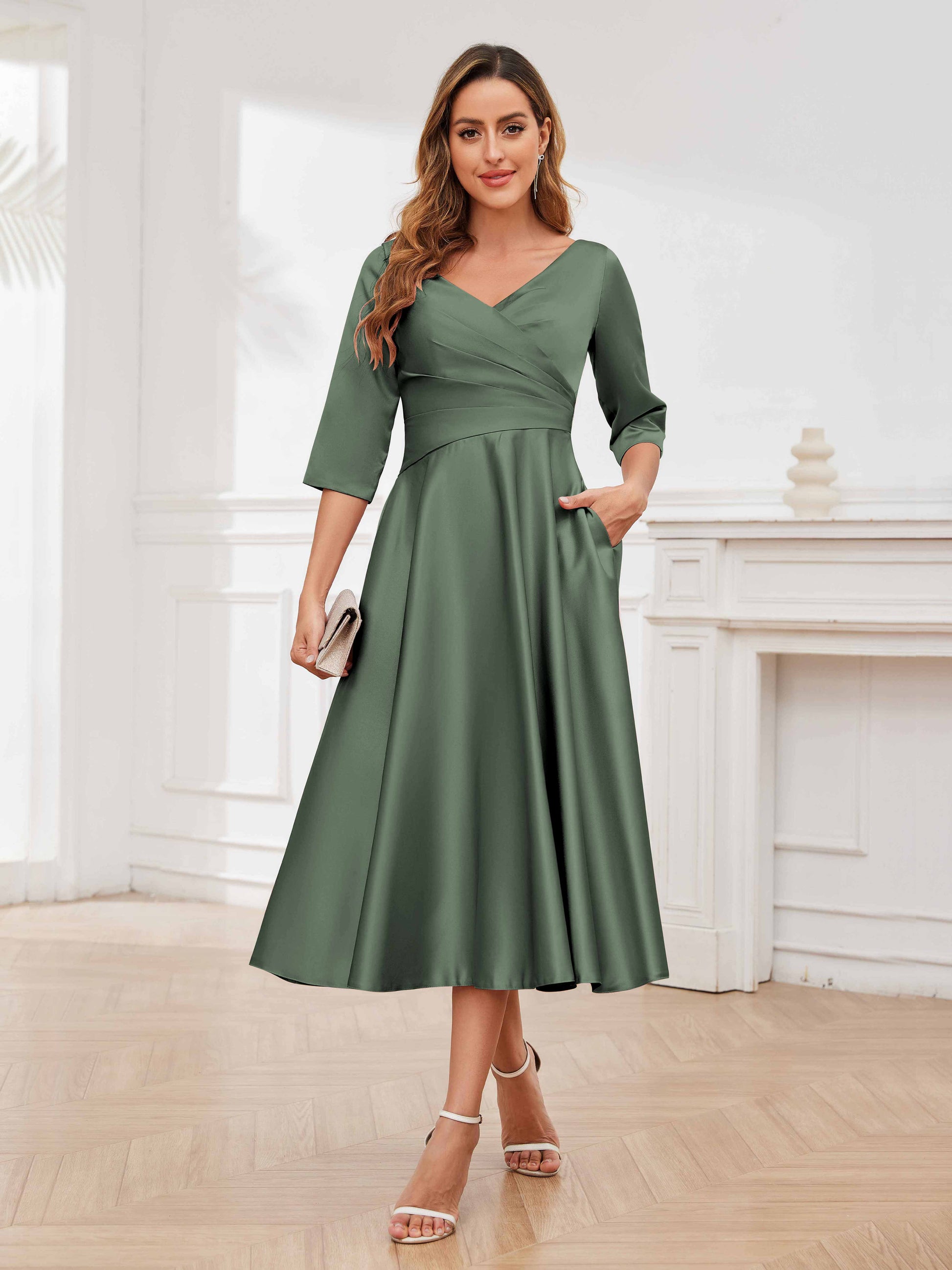Modern A-Line Pockets Tea Length Satin Mother of the Bride Dresses UK mollyevers.co.uk Modern A-Line Pockets Tea Length Satin Mother of the Bride Dresses UK mollyevers.co.uk