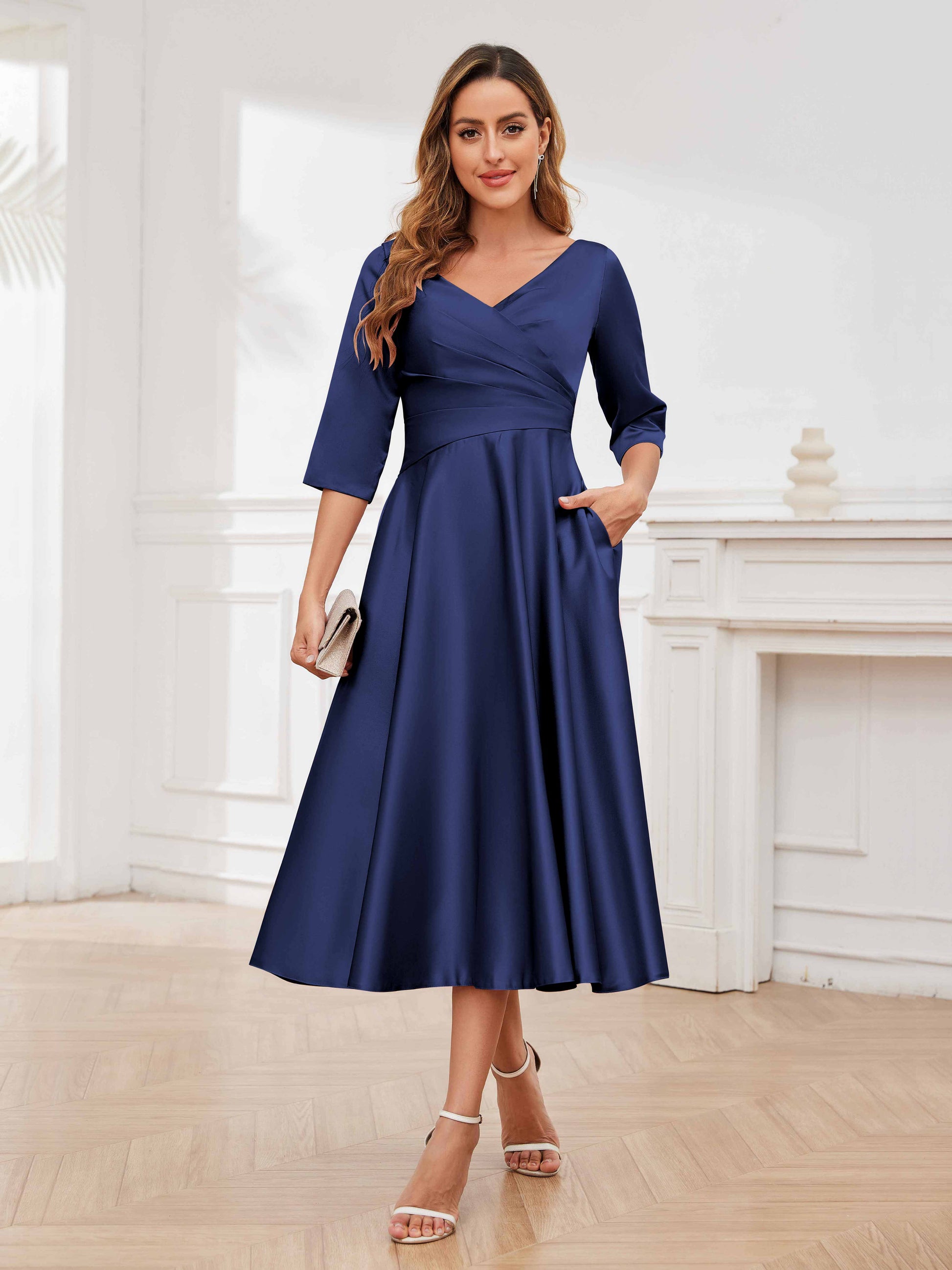 Modern A-Line Pockets Tea Length Satin Mother of the Bride Dresses UK mollyevers.co.uk Modern A-Line Pockets Tea Length Satin Mother of the Bride Dresses UK mollyevers.co.uk