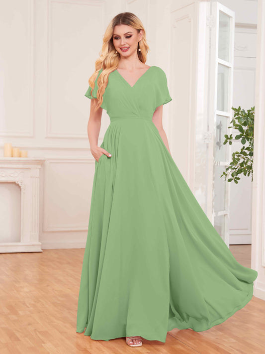 Modern Short Sleeves Slit Chiffon Bridesmaid Dresses UK With Pockets