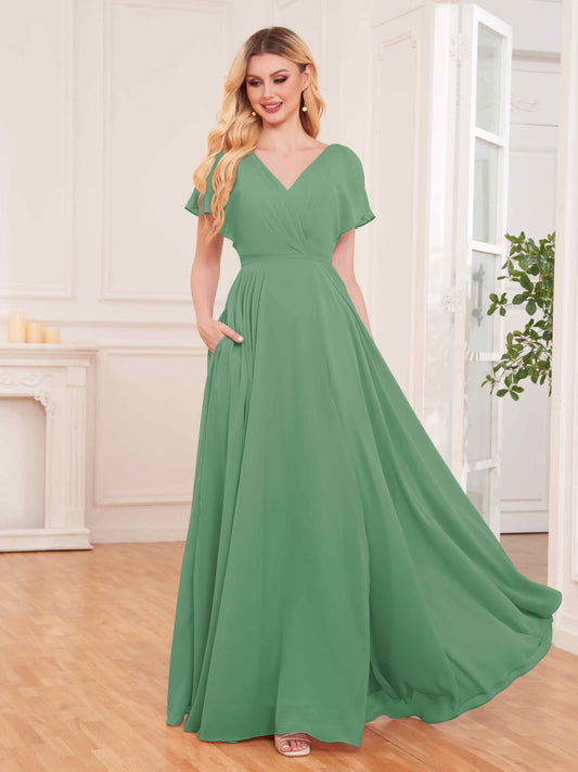 Modern Short Sleeves Slit Chiffon Bridesmaid Dresses UK With Pockets