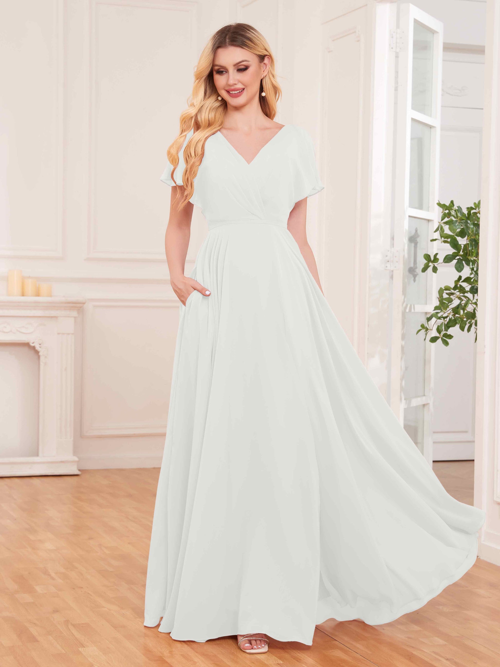 Modern Short Sleeves Slit Chiffon Bridesmaid Dresses UK With Pockets –