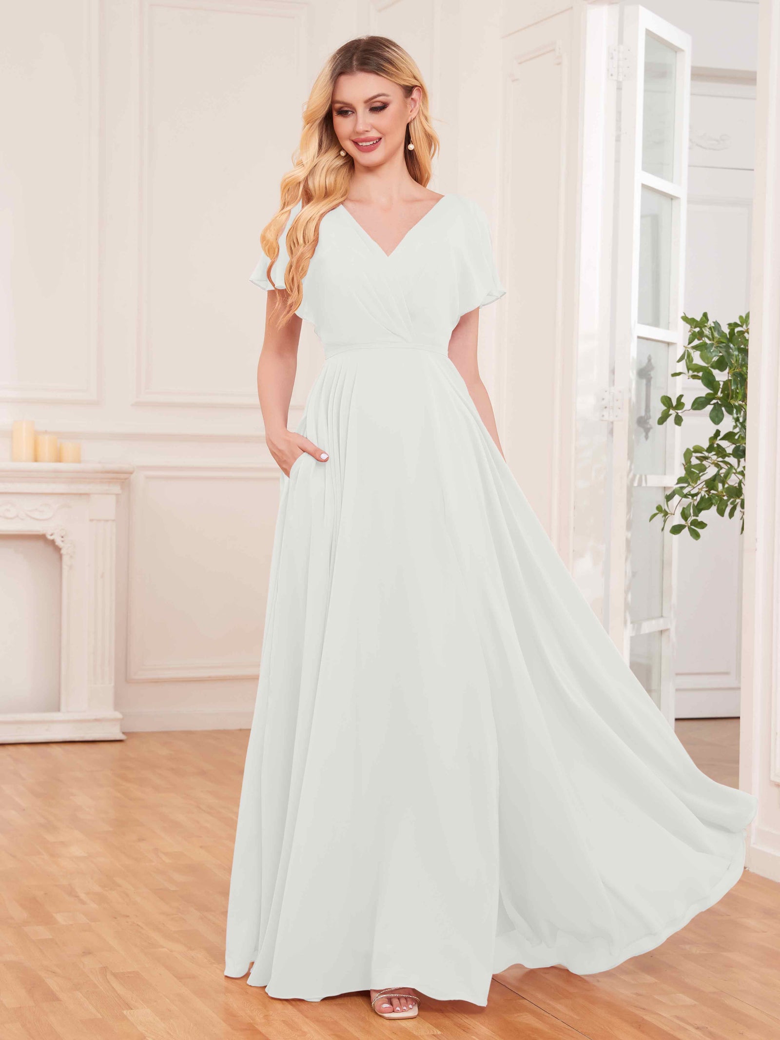 Modern Short Sleeves Slit Chiffon Bridesmaid Dresses UK With Pockets