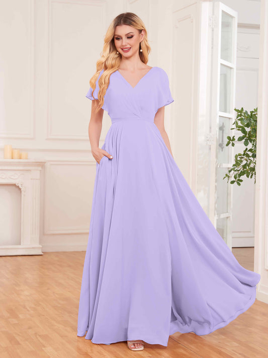 Modern Short Sleeves Slit Chiffon Bridesmaid Dresses UK With Pockets