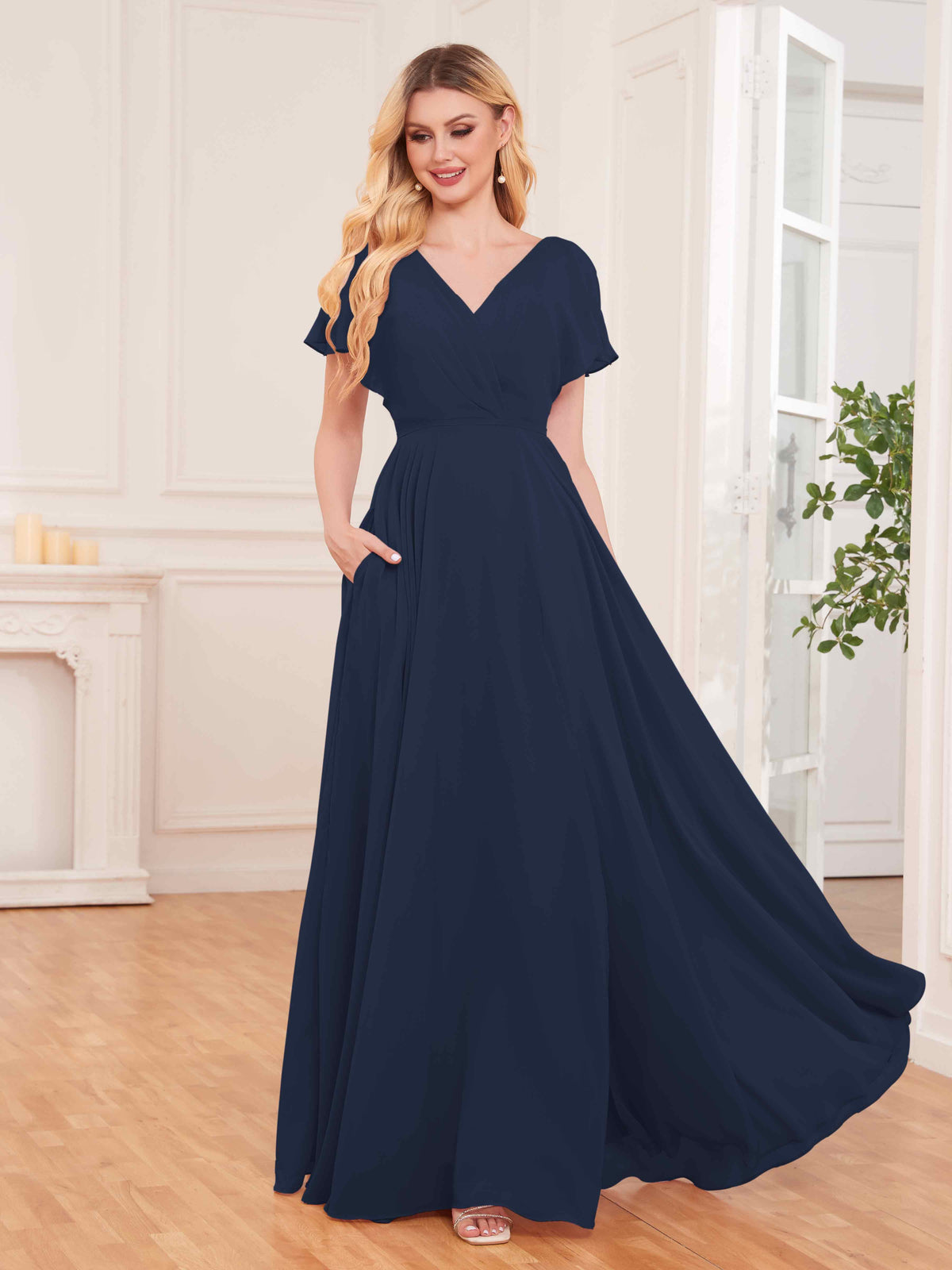 Modern Short Sleeves Slit Chiffon Bridesmaid Dresses UK With Pockets