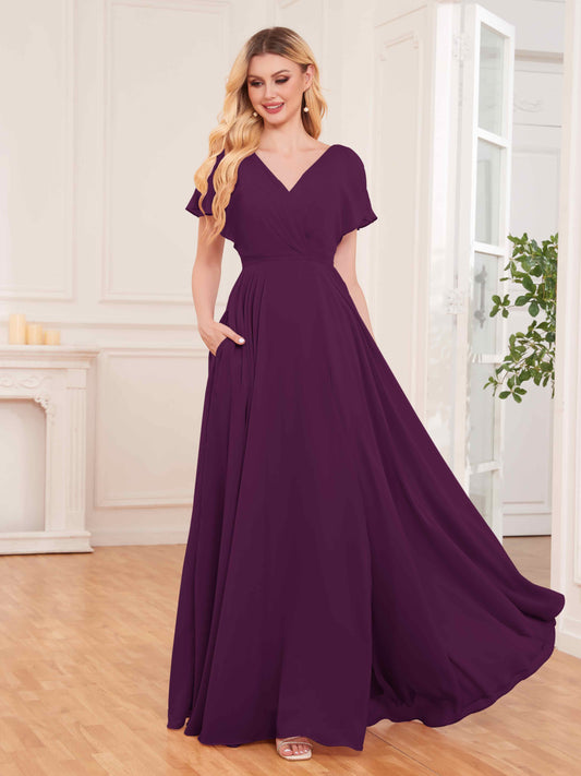 Modern Short Sleeves Slit Chiffon Bridesmaid Dresses UK With Pockets