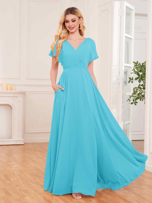 Modern Short Sleeves Slit Chiffon Bridesmaid Dresses UK With Pockets