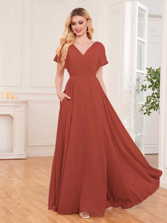 Modern Short Sleeves Slit Chiffon Bridesmaid Dresses UK With Pockets