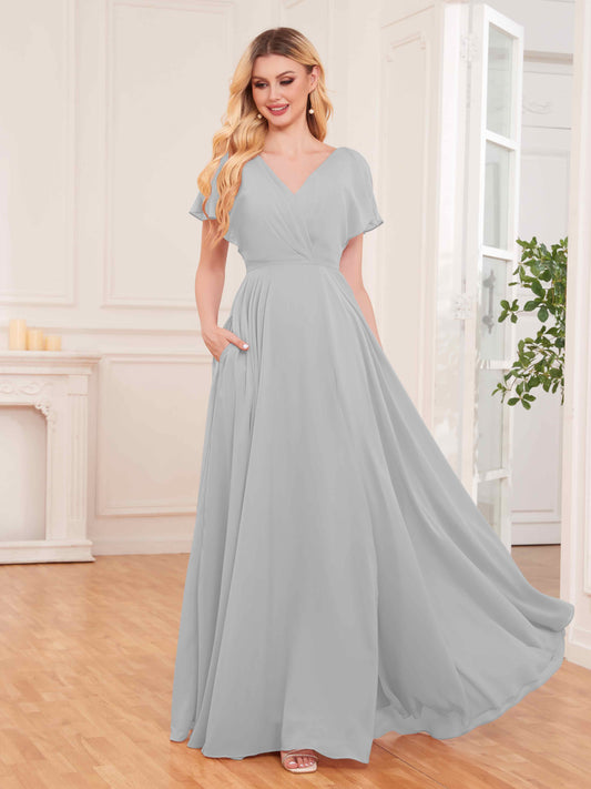 Modern Short Sleeves Slit Chiffon Bridesmaid Dresses UK With Pockets
