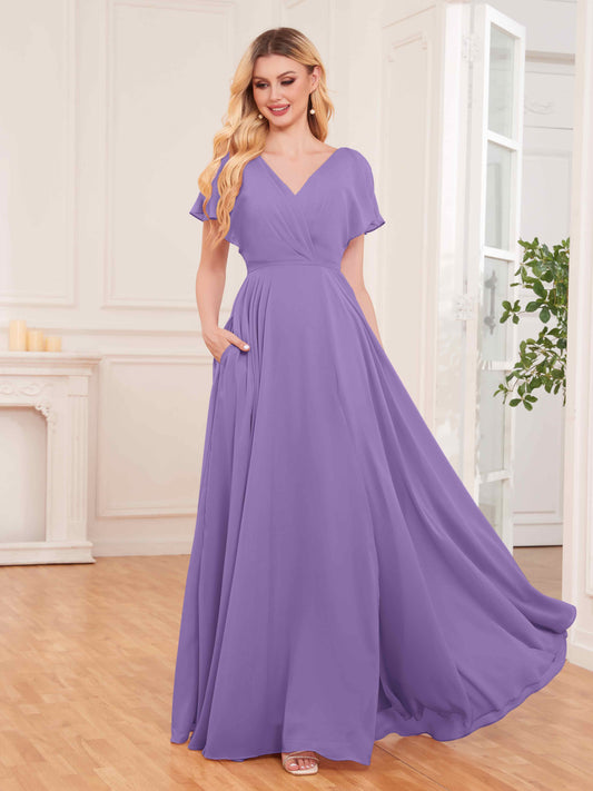 Modern Short Sleeves Slit Chiffon Bridesmaid Dresses UK With Pockets