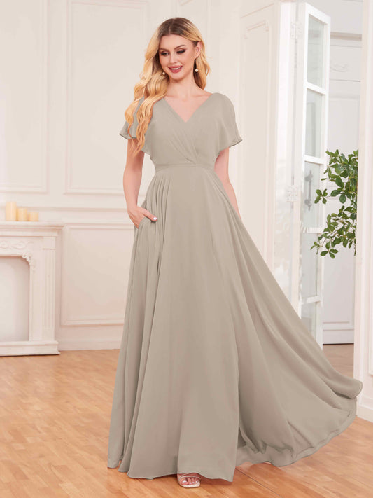 Modern Short Sleeves Slit Chiffon Bridesmaid Dresses UK With Pockets