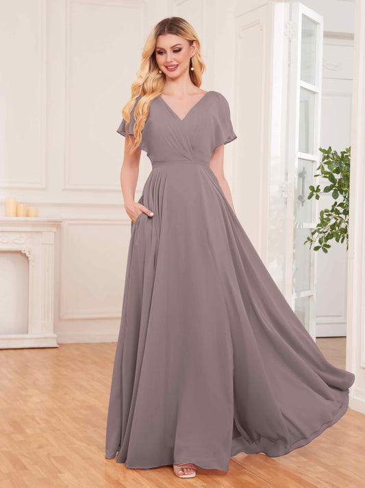 Modern Short Sleeves Slit Chiffon Bridesmaid Dresses UK With Pockets