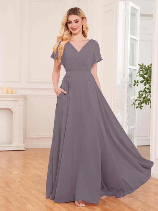Modern Short Sleeves Slit Chiffon Bridesmaid Dresses UK With Pockets