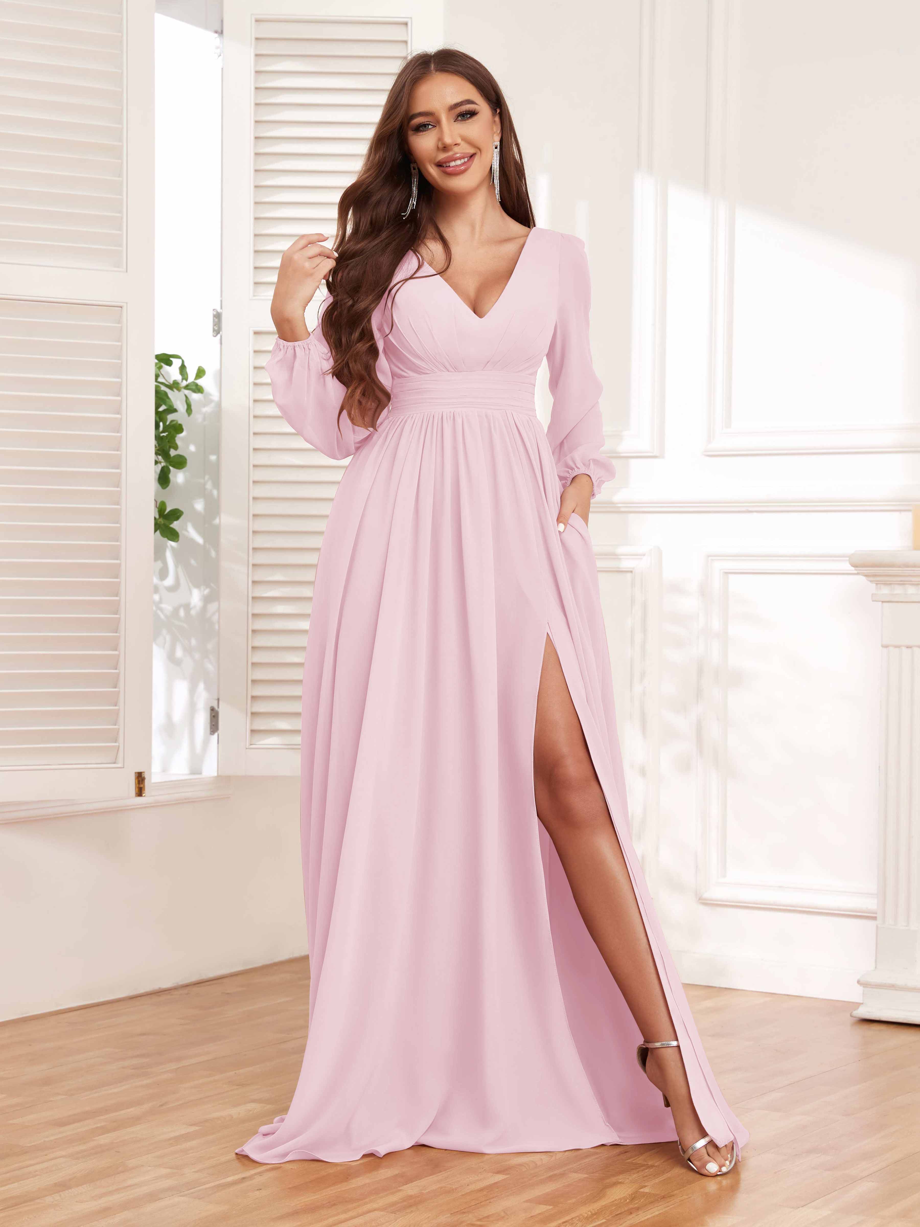 Modern V Neck Slit Chiffon Bridesmaid Dresses UK With Pockets