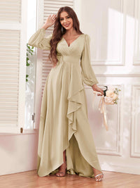 Modest Ruffles Long Sleeves V Neck Chiffon Bridesmaid Dresses UK