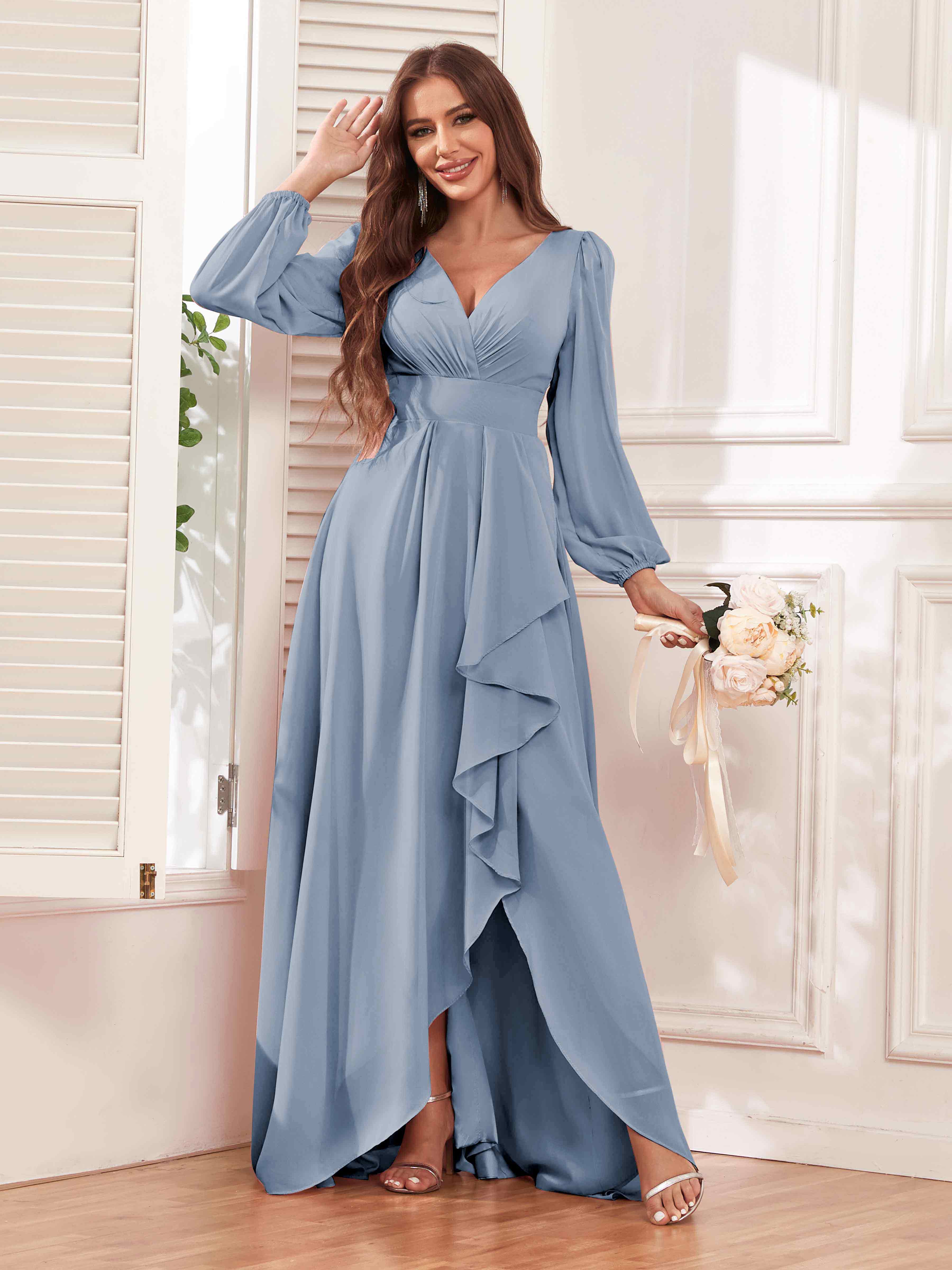 Chiffon dusty blue dress best sale