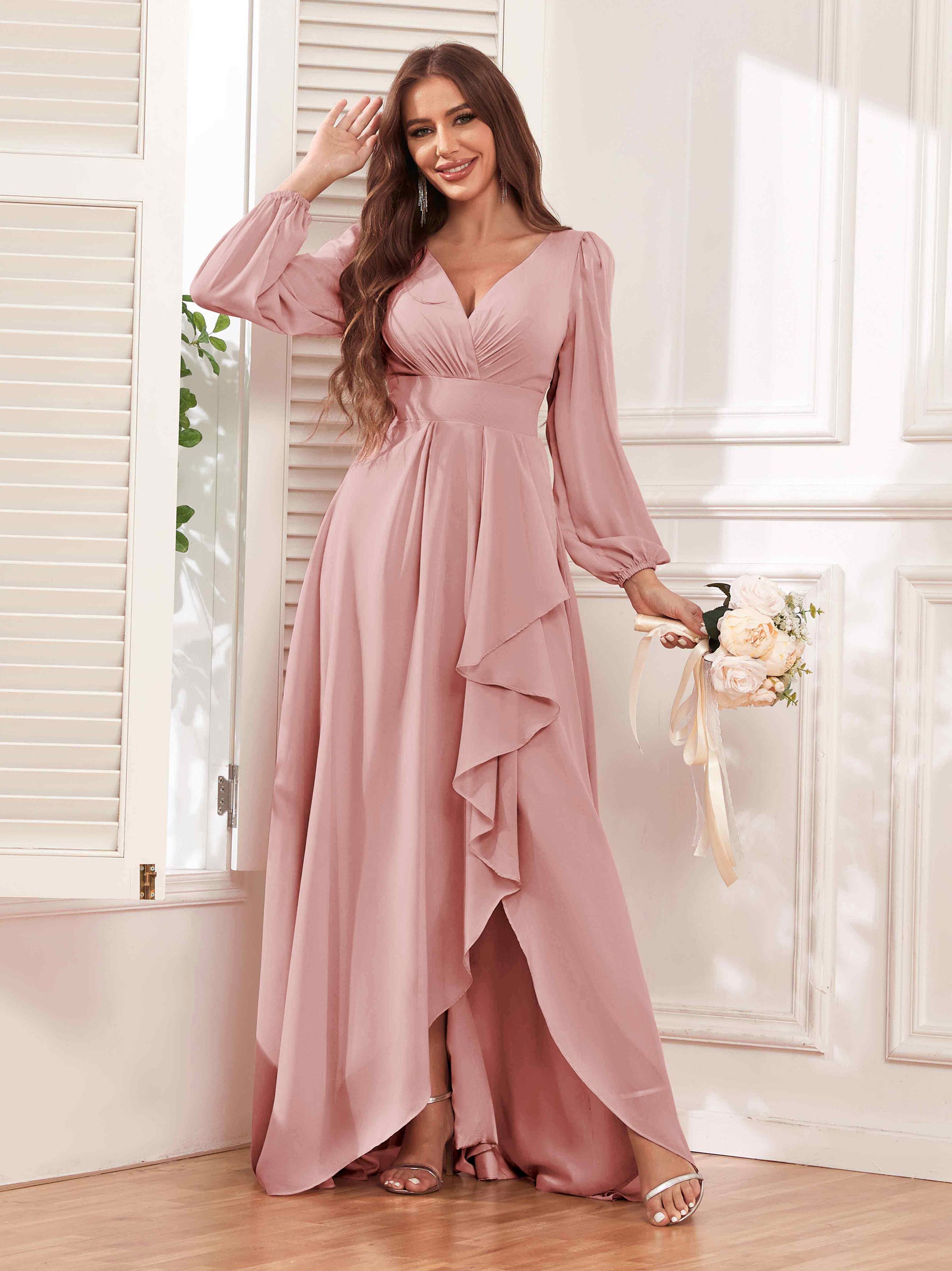 Modest Ruffles Long Sleeves V Neck Chiffon Bridesmaid Dresses UK mollyevers.co.uk Modest Ruffles Long Sleeves V Neck Chiffon Bridesmaid Dresses UK mollyevers.co.uk