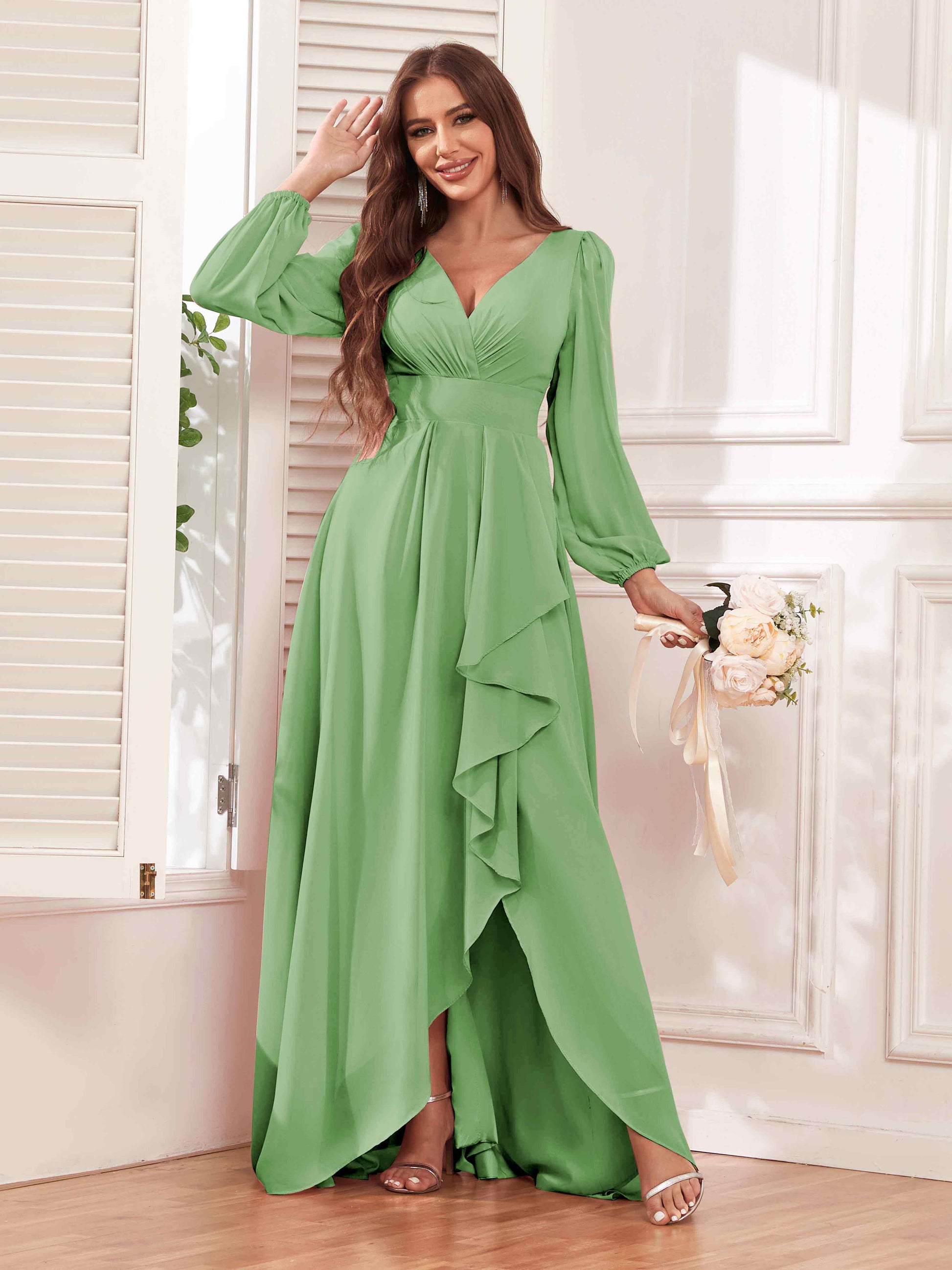 Modest Ruffles Long Sleeves V Neck Chiffon Bridesmaid Dresses UK mollyevers.co.uk Modest Ruffles Long Sleeves V Neck Chiffon Bridesmaid Dresses UK mollyevers.co.uk